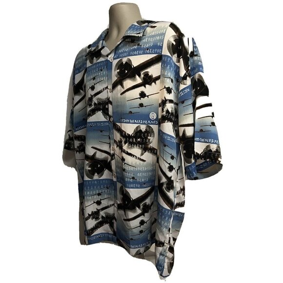 Vintage Shaolin Mens Military War Airplanes Blue Button Front Shirt 2XL Asian - Picture 2 of 7